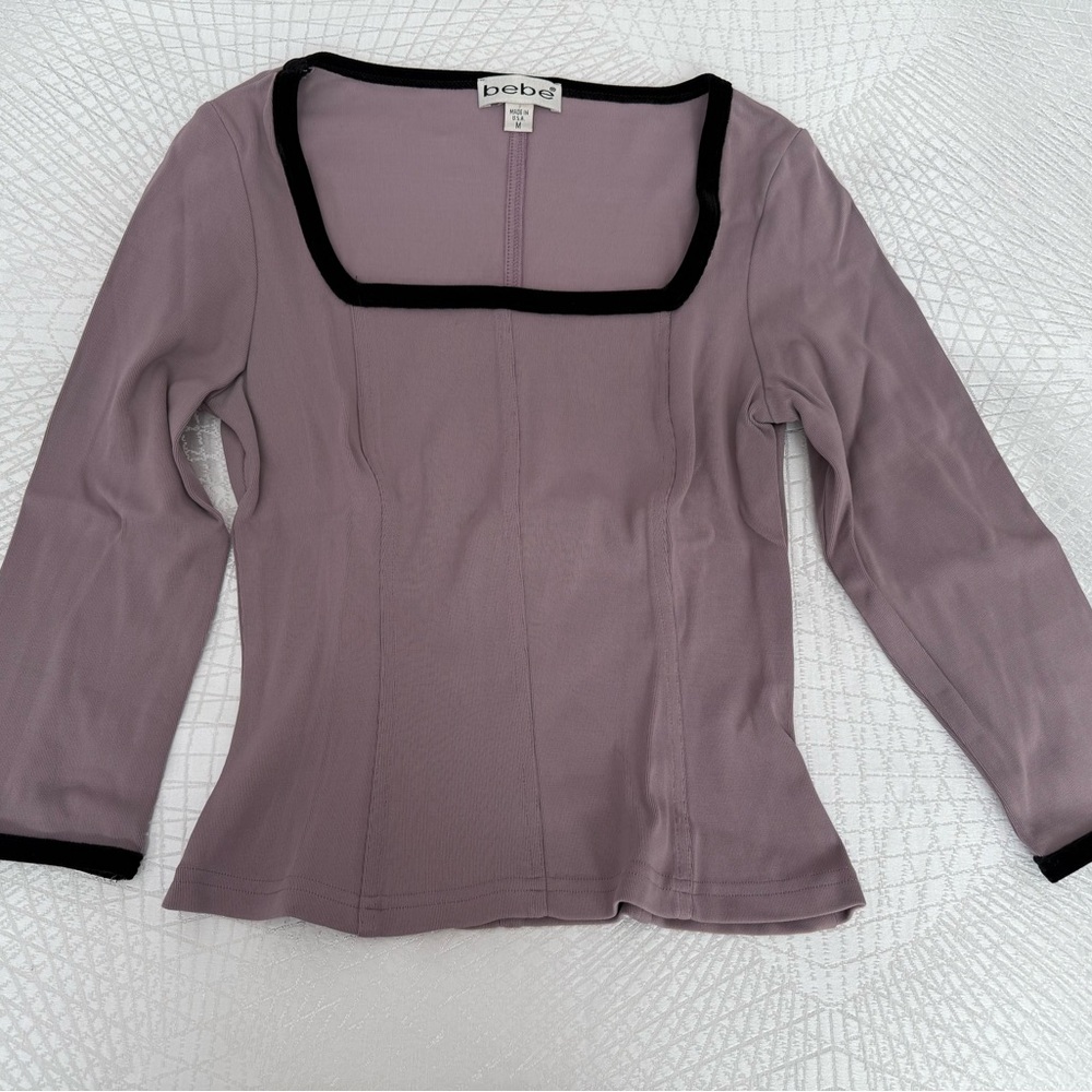 Bebe Women's lavender 3/4 Long Sleeve Top size medium black velvet trim